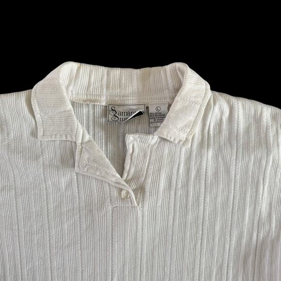 Vintage Samantha Stuart Ribbed Knit Polo Shirt Cream Short Sleeve Top Women’s - Picture 2 of 3